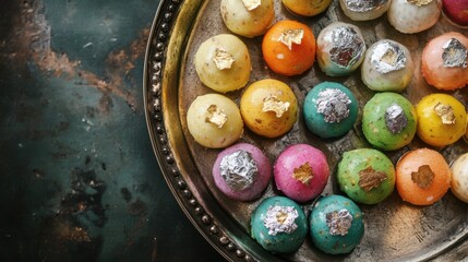Colorful Indian Sweets Displayed on a Silver Platter with Decorative Edible Silver Leaf, Traditional Festive Treats for Celebrations and Special Occasions