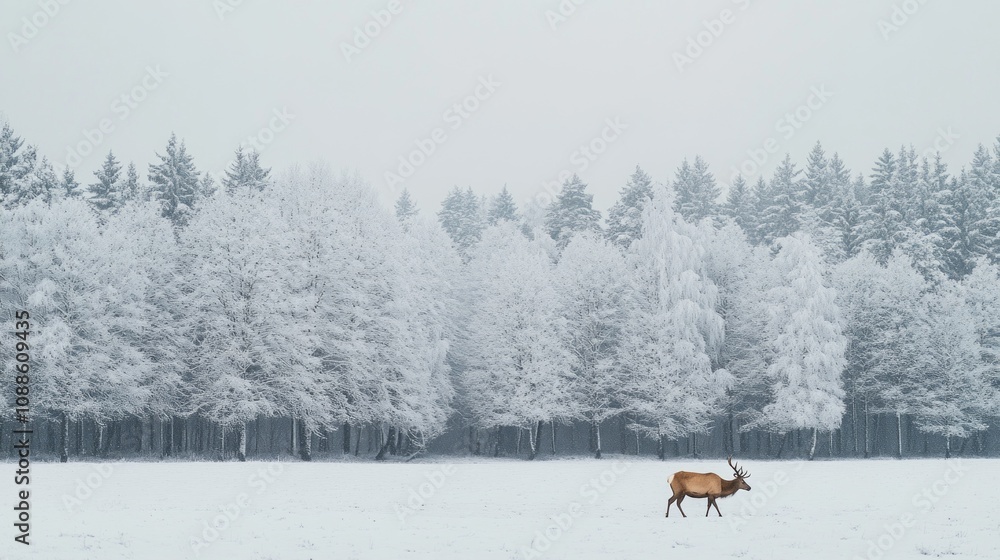 Poster a deer is walking through a snowy field