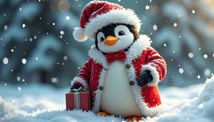 Fototapeta premium Penguin in Santa costume, joyful mood, holding a gift box in snowy winter landscape