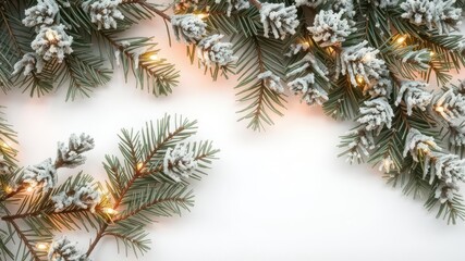 Naklejka premium Frosty spruce branches and Christmas lights on white background, Christmas