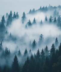 beautiful pine forest in the fog with copy space for text © Di Studio