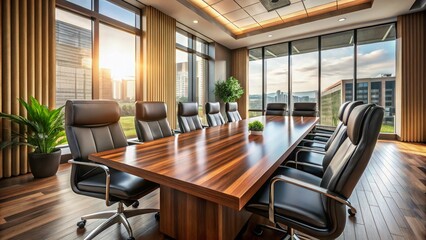 Fototapeta premium Modern Conference Room with Elegant Wooden Table, Black Leather Chairs, and Abundant Natural Light from Large Windows for Professional Meetings and Corporate Events