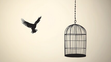A black bird flies away from an empty birdcage.