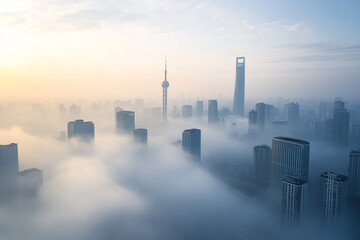 Fototapeta premium aerial view of city in fog