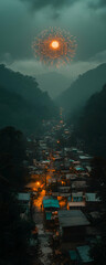 Obraz premium Misty Village Valley at Night.