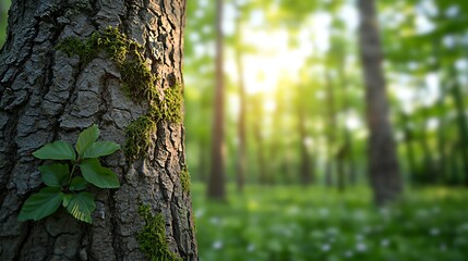 Obraz premium Sunlight filtering through trees forest nature photography lush green environment close-up view serenity