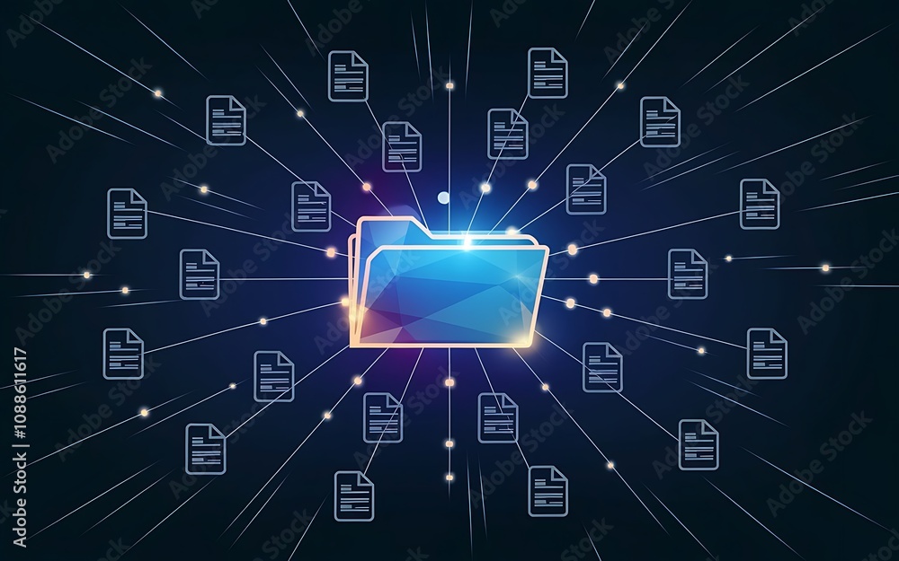Poster data network hub: a futuristic illustration depicting a central data folder connected to numerous do