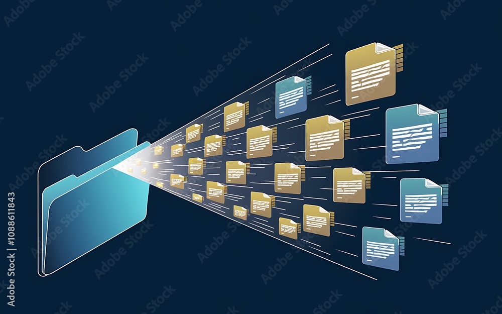 Poster data transfer: a blue folder, emanating a bright light, projects a stream of colorful files. this ca
