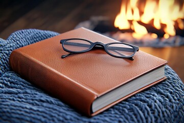 An old, leather-bound Christmas storybook open on a cozy armchair by the fire