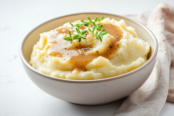 Creamy mashed potato topped with savory gravy and fresh herbs in a stylish bowl, ideal for comfort food imagery.