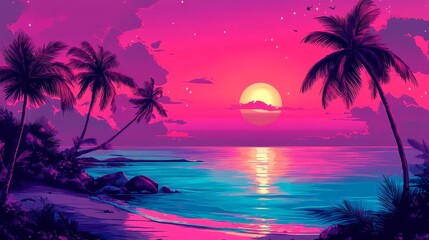 A vibrant sunset over a tropical beach with palm tree and calm waters.
