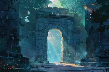 Fototapeta premium Ancient Stone Archway Leading to a Sunlit Forest Path