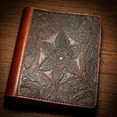 A leather journal with a hand-painted cover, showcasing the artistic talent of the leatherworker., leather handmade, handmade, photography, close up, macro, rustic, pattern, art, decoration, design, a