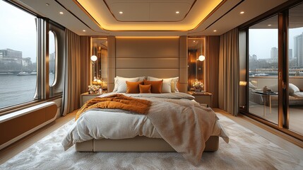 Modern luxury bedroom with river view and elegant decor in a high-rise building