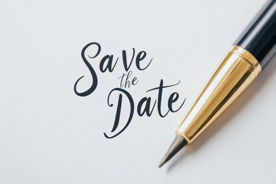 Elegant save the date message with a stylish pen, perfect for invitations and event planning.