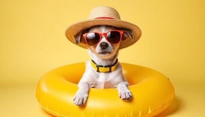Adorable dog in straw hat and sunglasses relaxing in yellow pool float