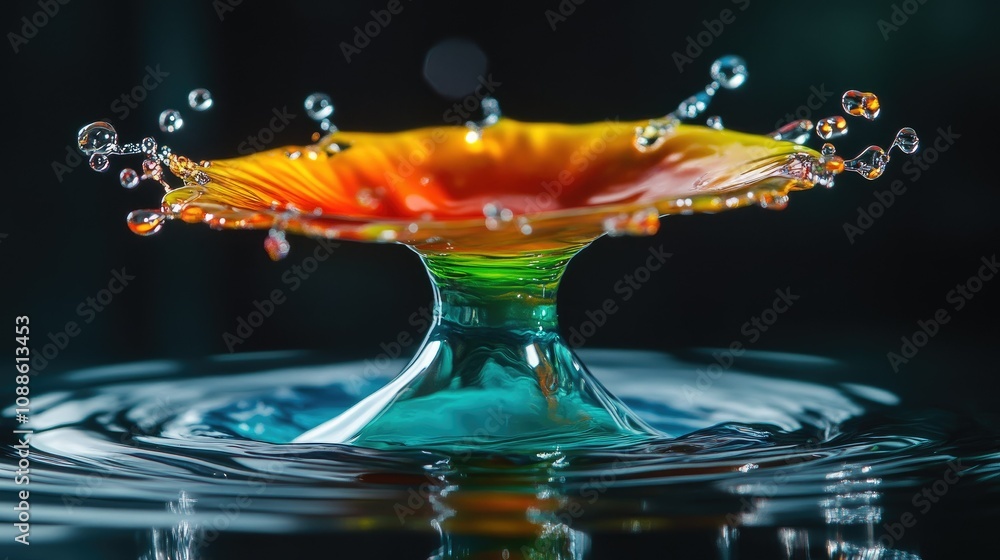 Poster A captivating splash of multicolored liquid, frozen in time to highlight the fluid motion and striking contrast of bright colors against a dark backdrop --ar 16:9