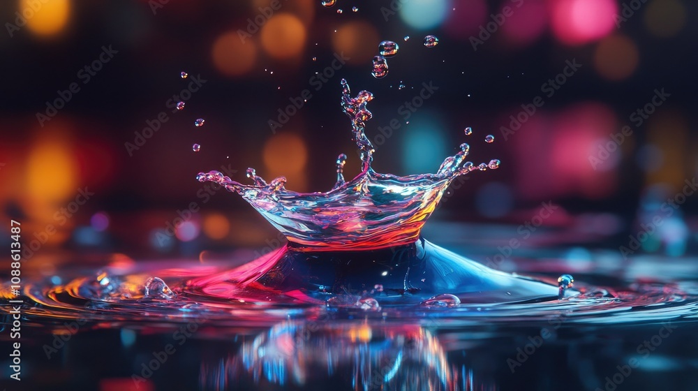 Poster A captivating splash of multicolored liquid, frozen in time to highlight the fluid motion and striking contrast of bright colors against a dark backdrop --ar 16:9