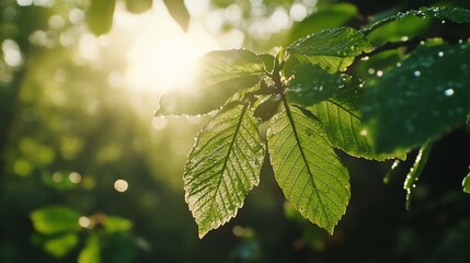 Fresh green leaves glistening in morning sunlight, creating a peaceful nature scene full of life and beauty.