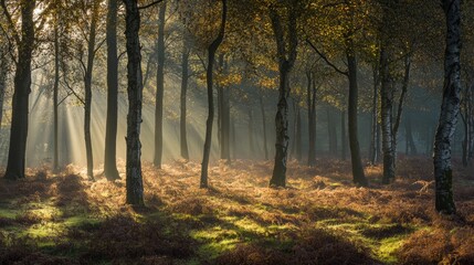 Obraz premium Sunlight Filters Through Trees in a Serene Forest Setting with Lush Greenery and Gentle Shadows