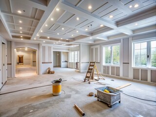 New Home Construction Interior Drywall Finish: A Close-Up View of Smoothly Finished Walls and Clean Lines in a Modern Residential Space Ready for Final Touches