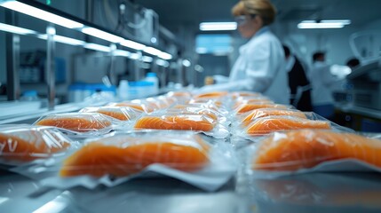The image shows sealed packages of salmon fillets on a stainless steel surface in a processing facility, with a worker in a lab coat in the background.