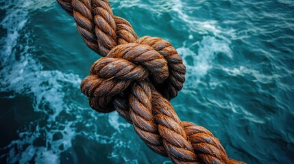 Fototapeta premium A detailed shot of a rusted rope coiled loosely, with the calm, blue ocean water in the background, creating a sense of rustic beauty and peacefulness