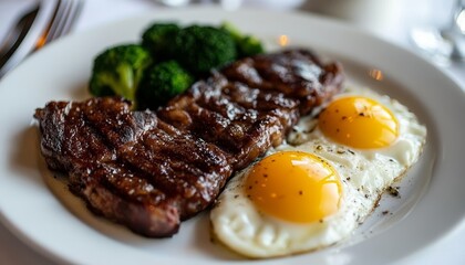 Grilled Steak and Eggs. Delicious steak breakfast with two fried eggs and green broccoli. Close-up