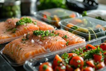 Fresh salmon fillets garnished with herbs, accompanied by vibrant vegetables, arranged in clear containers for meal preparation.