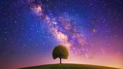 beautiful lonely tree under a night sky full of stars