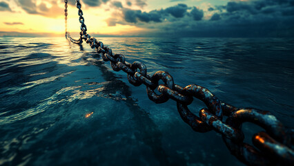 Weathered Strength: A Long Chain Tethered to a Rusty Trawler