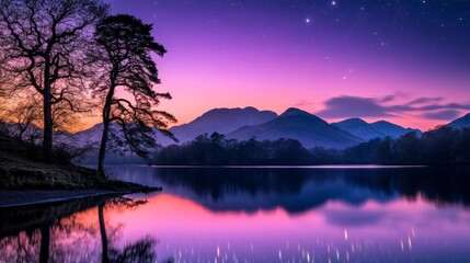 Stunning sunset reflection over the calm lake in the mountains with starry sky and silhouette trees.
