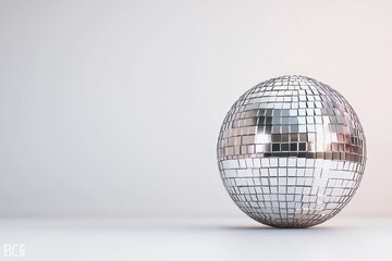 Fototapeta premium A shiny disco ball reflecting light, set against a minimalistic background, evokes a sense of fun and celebration.