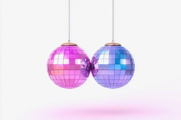 Fototapeta premium Two vibrant disco balls, one pink and one blue, hang gracefully against a soft background, reflecting light in a playful, festive manner.
