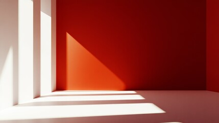 Obraz premium A minimalist interior with red walls and dynamic light shadow creating a vibrant atmosphere.