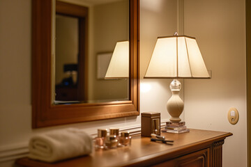A wooden dressing table and mirror in the corner of a luxury hotel room, with a table lamp on the table.