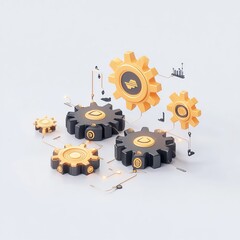 Focused business strategy, abstract gears and interlocking pathways, futuristic 3D illustration