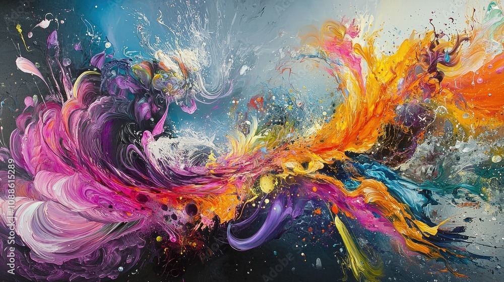 Poster a mesmerizing splash of vibrant liquid art, with swirling colors and intricate details of viscosity 