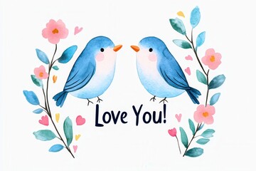 Naklejka premium Two blue birds surrounded by flowers and hearts, with the text 