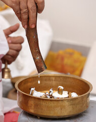 Performing Pooja for Hindu god siva linga with milk, honey and coconut water	
