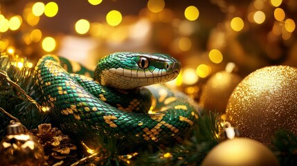 Snake, Christmas, holiday decorations, golden bokeh lights, festive atmosphere, close up of green reptile, shimmering ornaments, seasonal vibes, nature and celebration combined