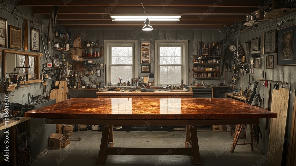 Poster a rustic workshop featuring a large wooden table surrounded by various tools and framed artwork, cre