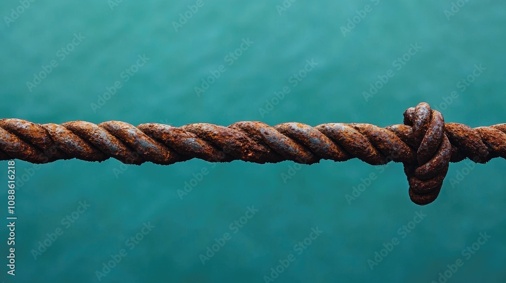 Poster a tightly framed shot of a rusted rope with the tranquil blue water in the background, capturing the