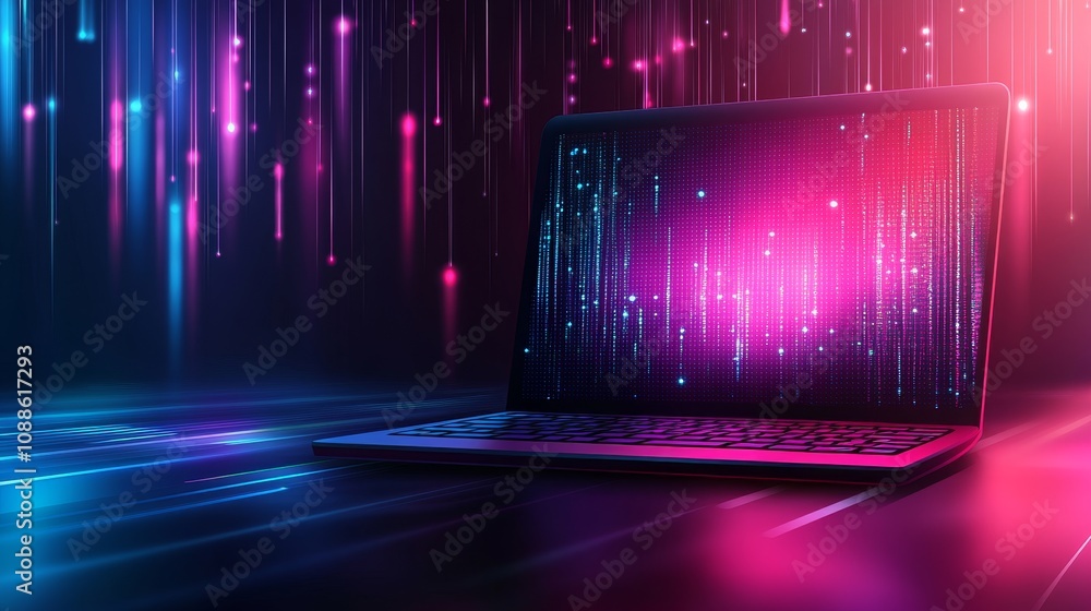 Poster a futuristic laptop on a digital background with vibrant color and data visualizations.