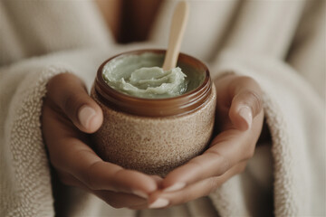 Hands holding a jar of green cosmetic cream with a wooden spoon, suggesting a focus on natural skincare and beauty products