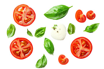A close up of a variety of vegetables including tomatoes, basil, and cheese . on transparent background.