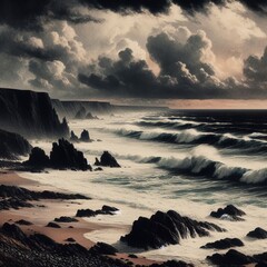 Bromoil print of stormy beach with dark clouds black rocks and w