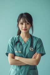 A young female doctor stands with her arms crossed, wearing green scrubs and a stethoscope. She has a friendly smile and is positioned against a soft blue background