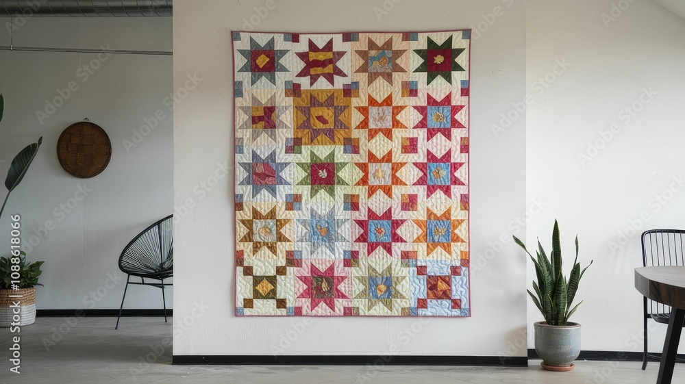 Poster a vibrant quilt featuring an array of colorful star patterns, displayed on a wall in a modern, minim