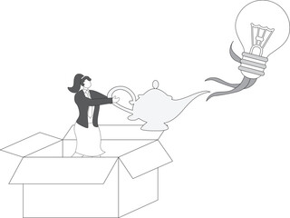 Businesswoman finds a magic lamp and unleashes the charismatic idea light bulb within